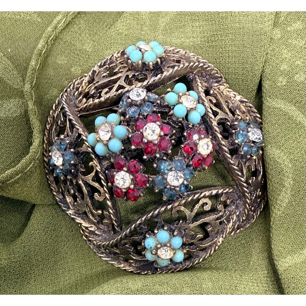 Vintage BSK Brooch 2.25” Aurora Borealis Rhinestone Floral Pin